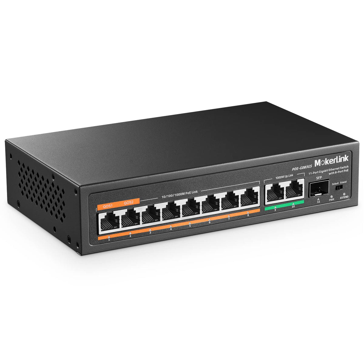 MokerLink 11 Port Gigabit PoE Switch with 8 PoE+ Port, 2 Gigabit Uplink, 1 SFP Port, 120W AI Detection, Qos, Fanless Metal Plug & Play Network Switch