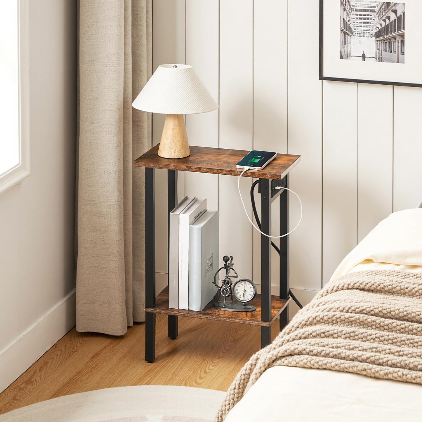 HOOBRO Small Side Table, 2-Tier Slim End Table with Charging Station, Narrow Bedside Table with Open Storage, for Small Spaces, Living Room, Bedroom