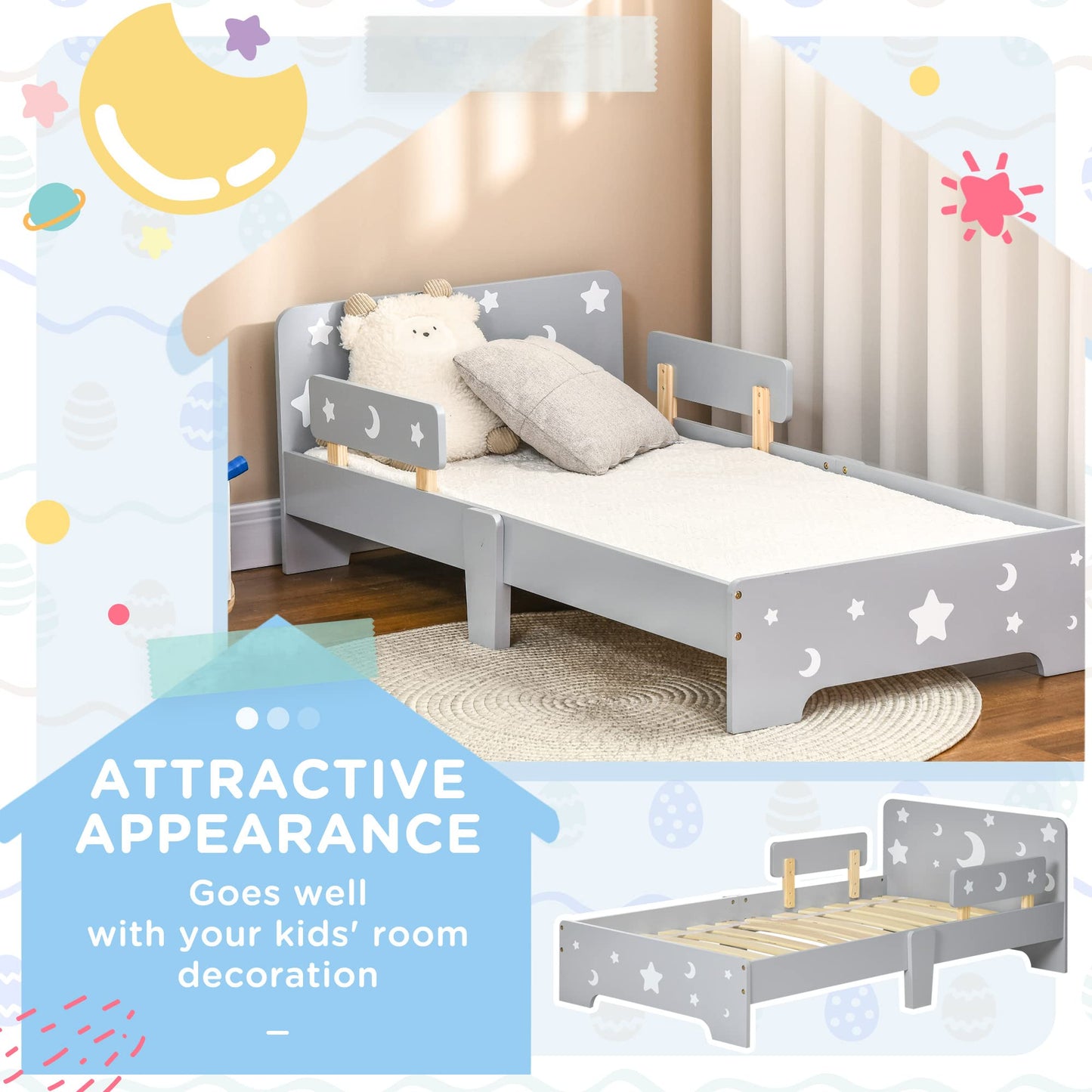 ZONEKIZ Kids Toddler Bed Children's Bedroom Furniture w/Star and Moon Patterns, Side Rails, for Boys, Girls, Ages 3-6 Years, 143 x 76 x 49cm - Grey