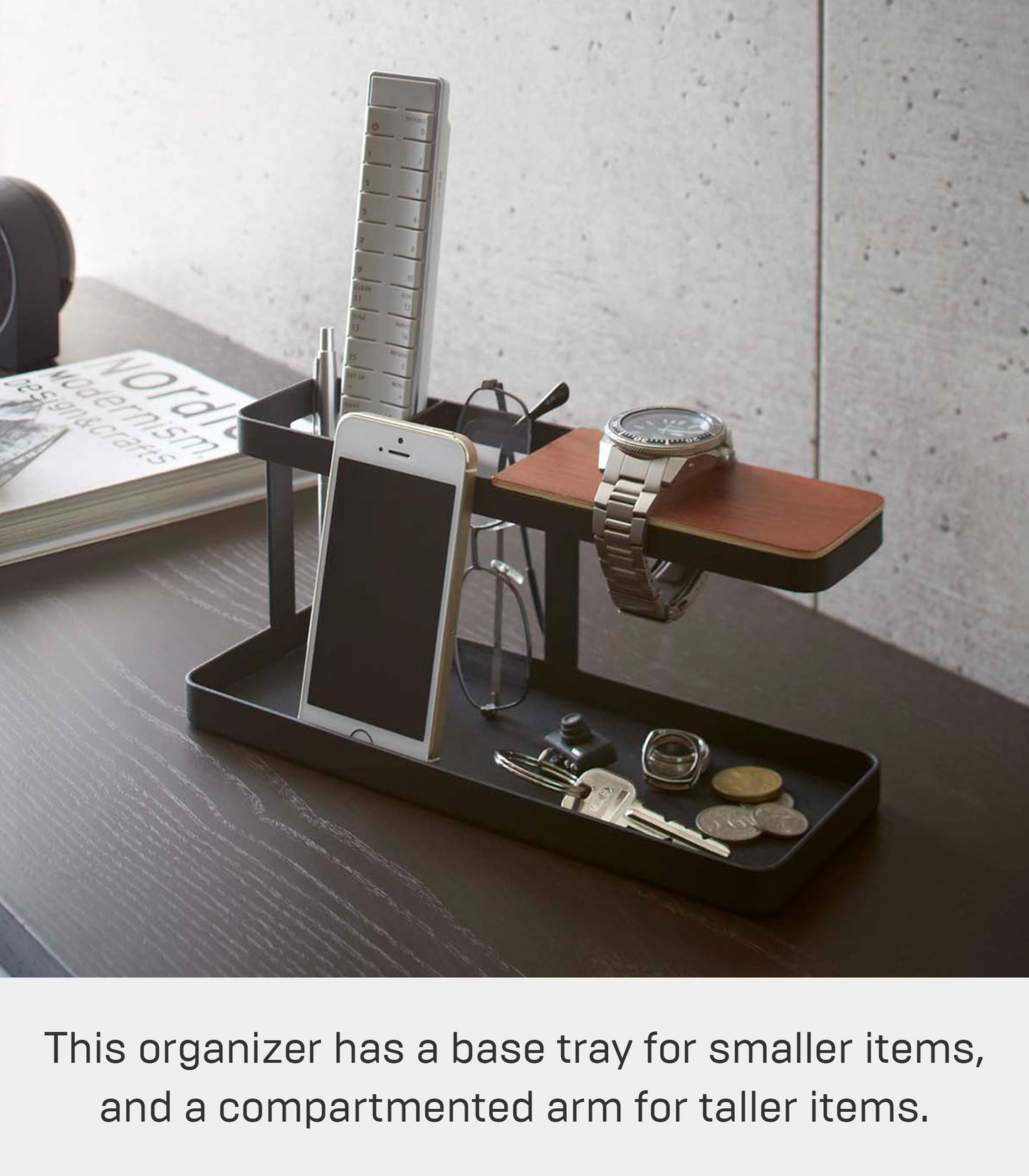 YAMAZAKI 2300 TOWER Desk Organizer, Black, Steel/Wood, Minimalist Design, 24.5 x 9.7 x 11.3 cm (LxWxH)