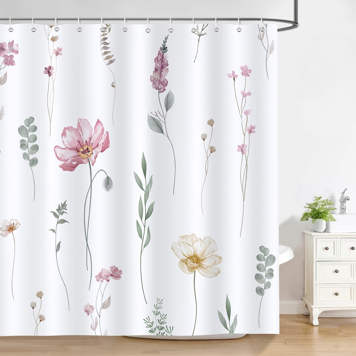 Bonhause Watercolor Floral Shower Curtain Pink Beige Flowers Leaves Bathroom Curtain 180 x 180 cm Waterproof Mildew & Mould Resistant Polyester Fabric