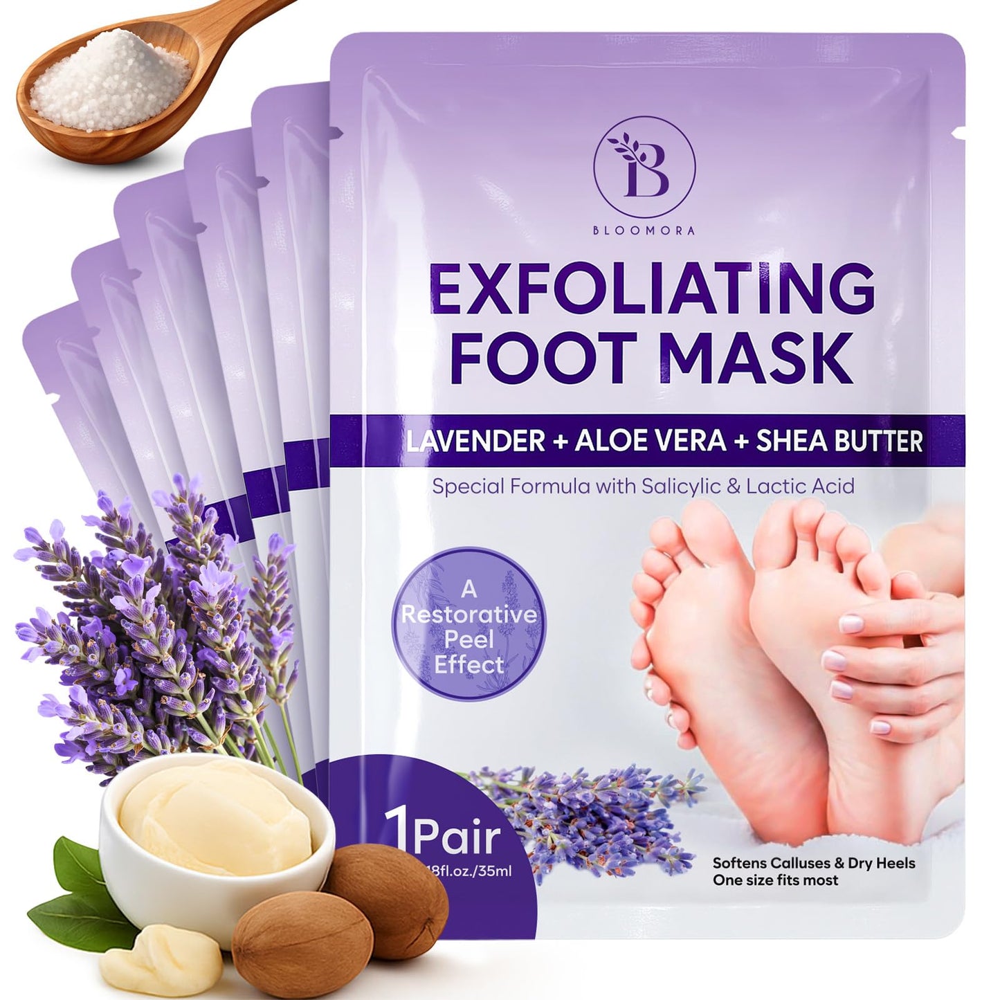 Foot Peel Mask for Hard Skin (6 pairs) Foot Mask for Cracked Heel Solution, Dry Feet Care with Lavender & Shea Butter, Dead Skin Remover, Exfoliating