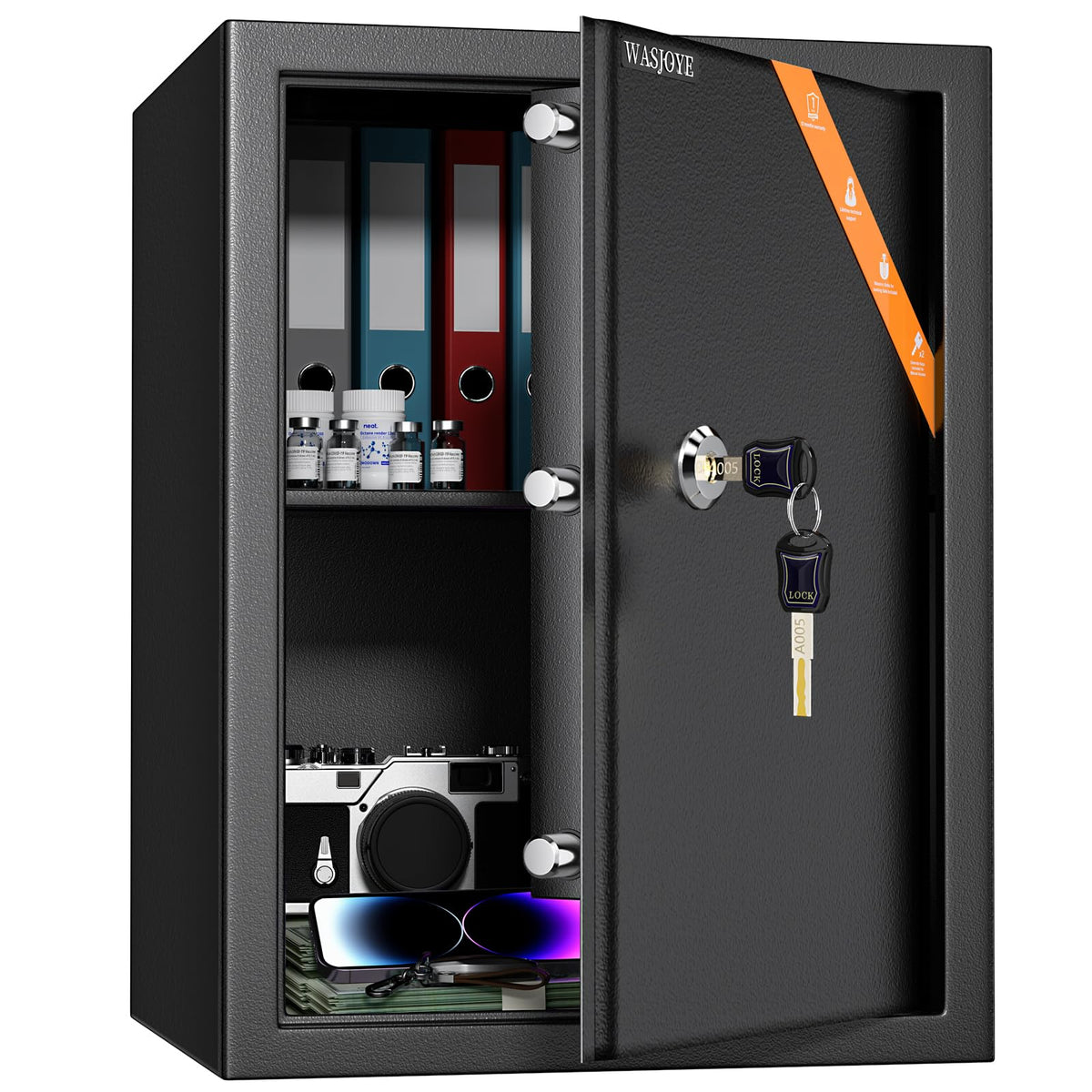 WASJOYE Safe Lock Box wite Keys, High Security Safety Box, 49L Steel Lock Safes for Home/Office, Cabinet Keys Safe Lock Box for Money Cash Jewelry
