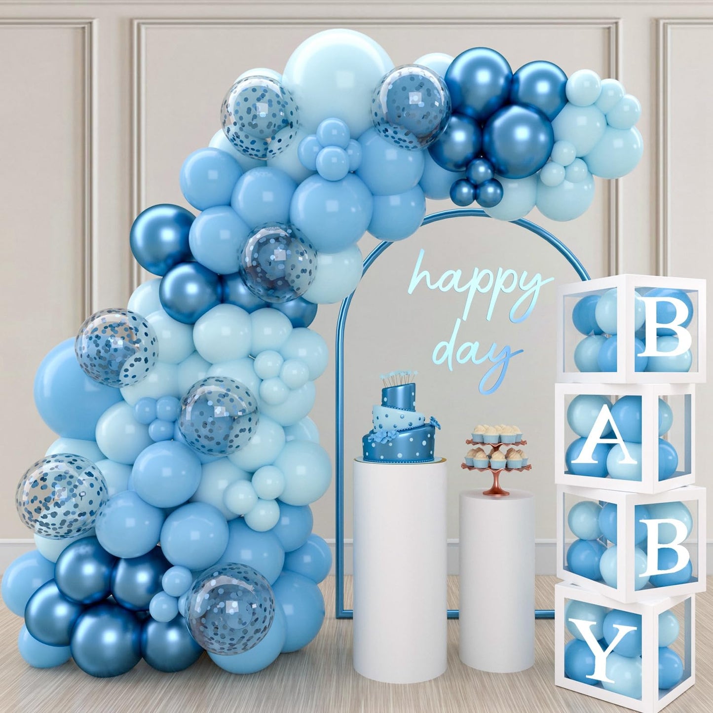 131pcs Baby Shower Decorations Boy - 4Pcs Balloon Boxes with Blue Balloons Arch Kit, Baby Boxes for Baby Shower, Balloon Boxes With 27 Letters for