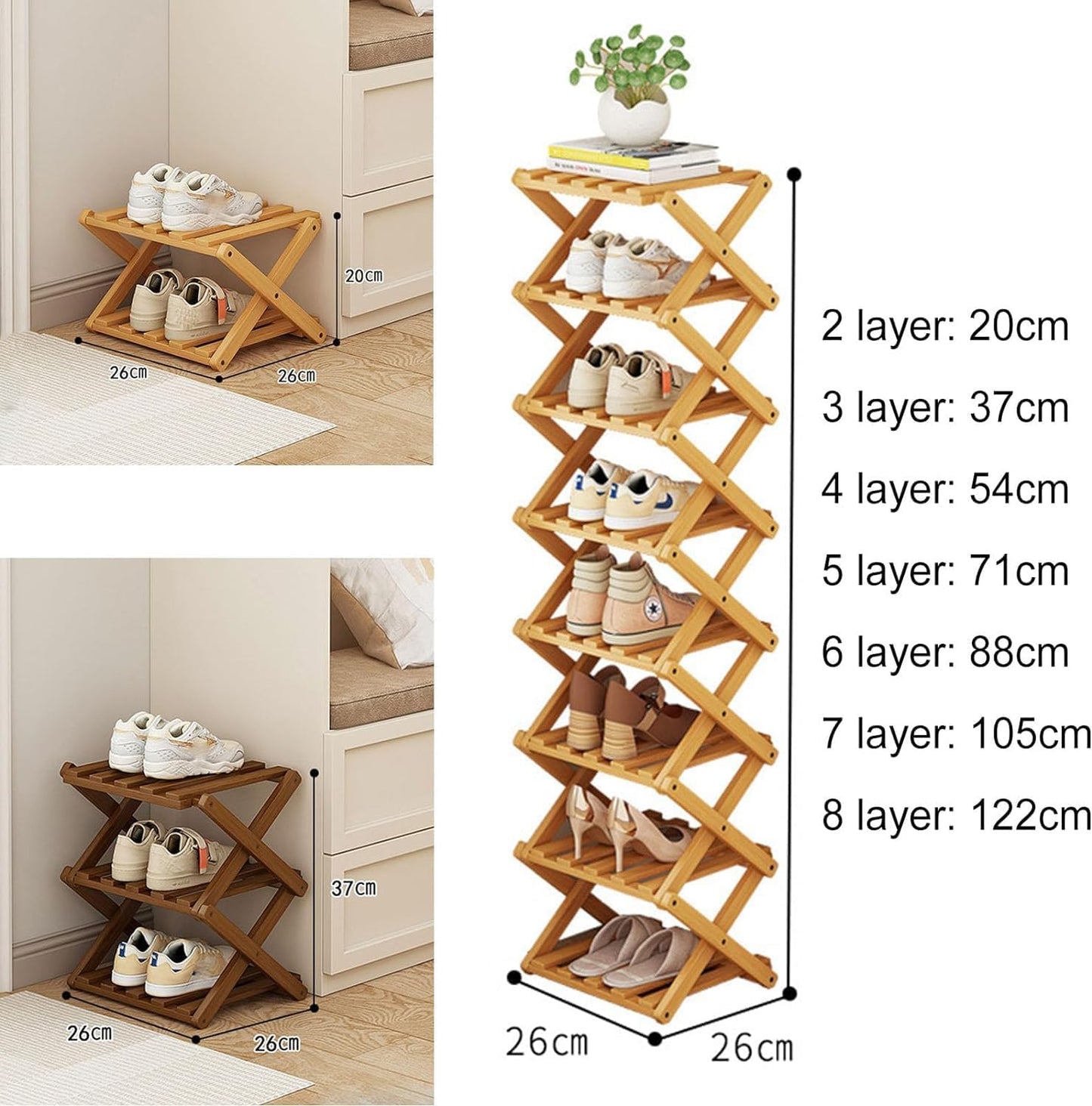 Kiss Me Bamboo Folding 3-Tier Narrow Shoe Rack No Installation Indoor Brown