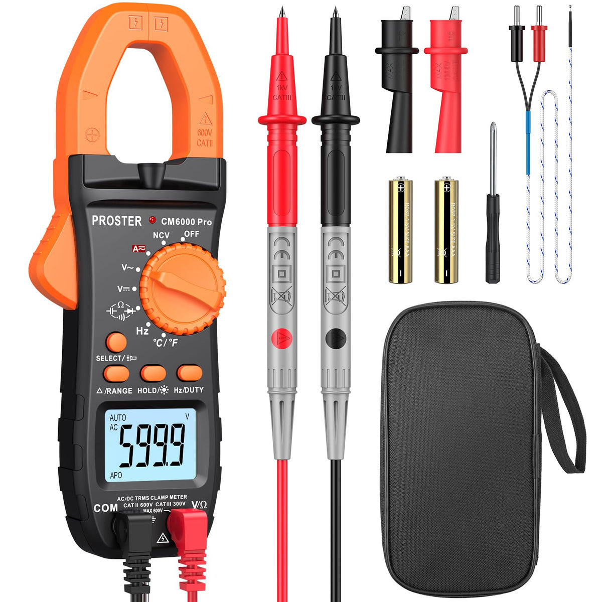 Proster Clamp Meter - TRMS 6000 Counts 800A DC/AC Current 600V DC/AC Voltage NCV Continuity Capacitance Resistance Frequency Diode Hz Test Auto Range