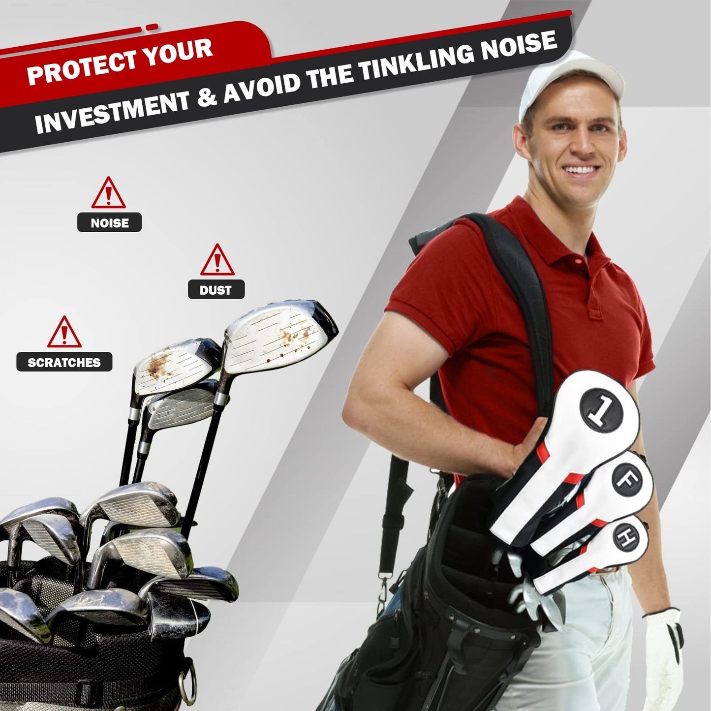 Golf Club Head covers Wood Set 3 PACKS 1FH DR FW UT for Driver Fairway Hybrid with No.Tag Elastic Closure White&Black&Red PU Leather