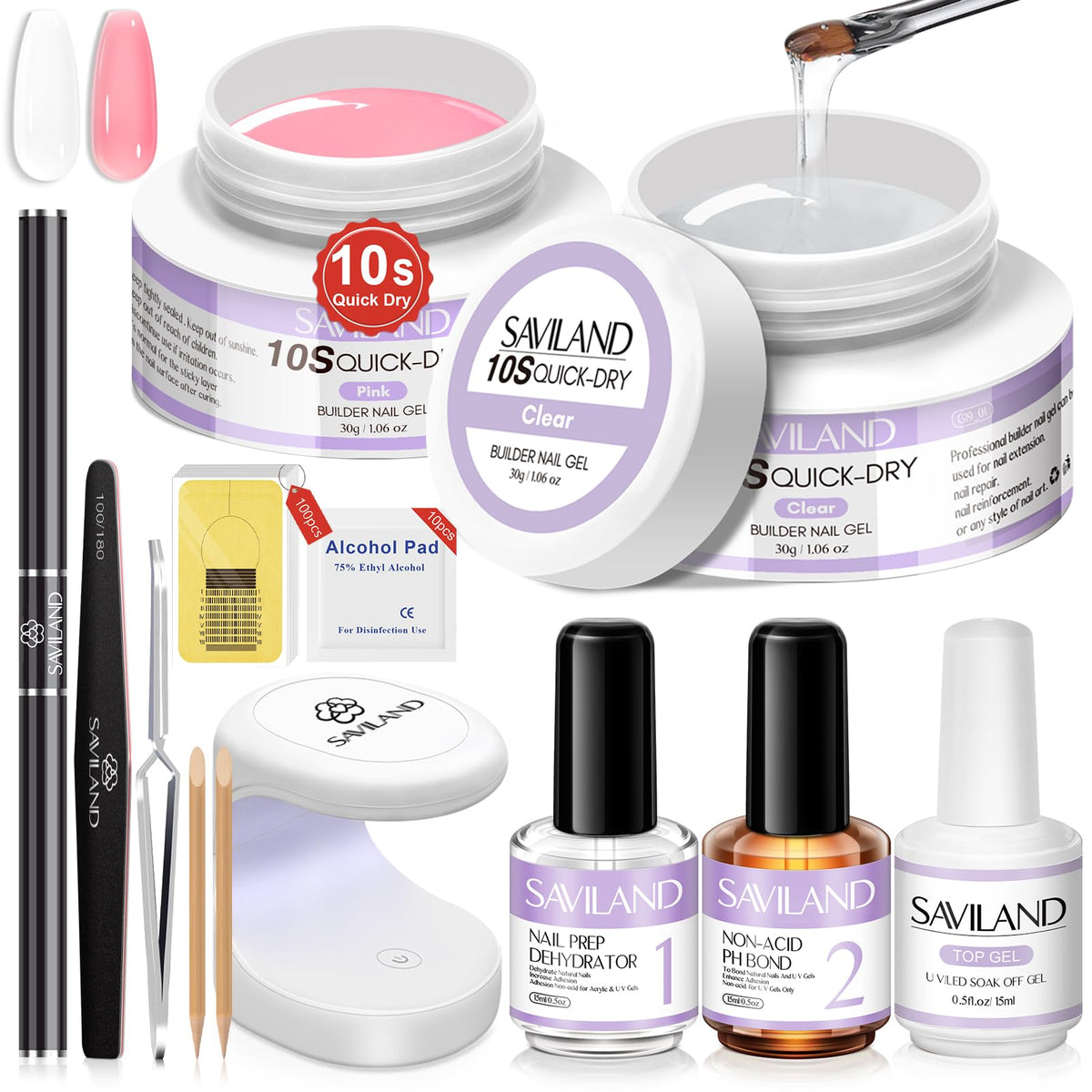 SAVILAND Quick-dry Builder Nail Gel Kit: Clear Pink Builder Hard Gels with Mini U V Light, Top Gel, Nail Dehydrator, Non-acid PH Bond Primer and Nail