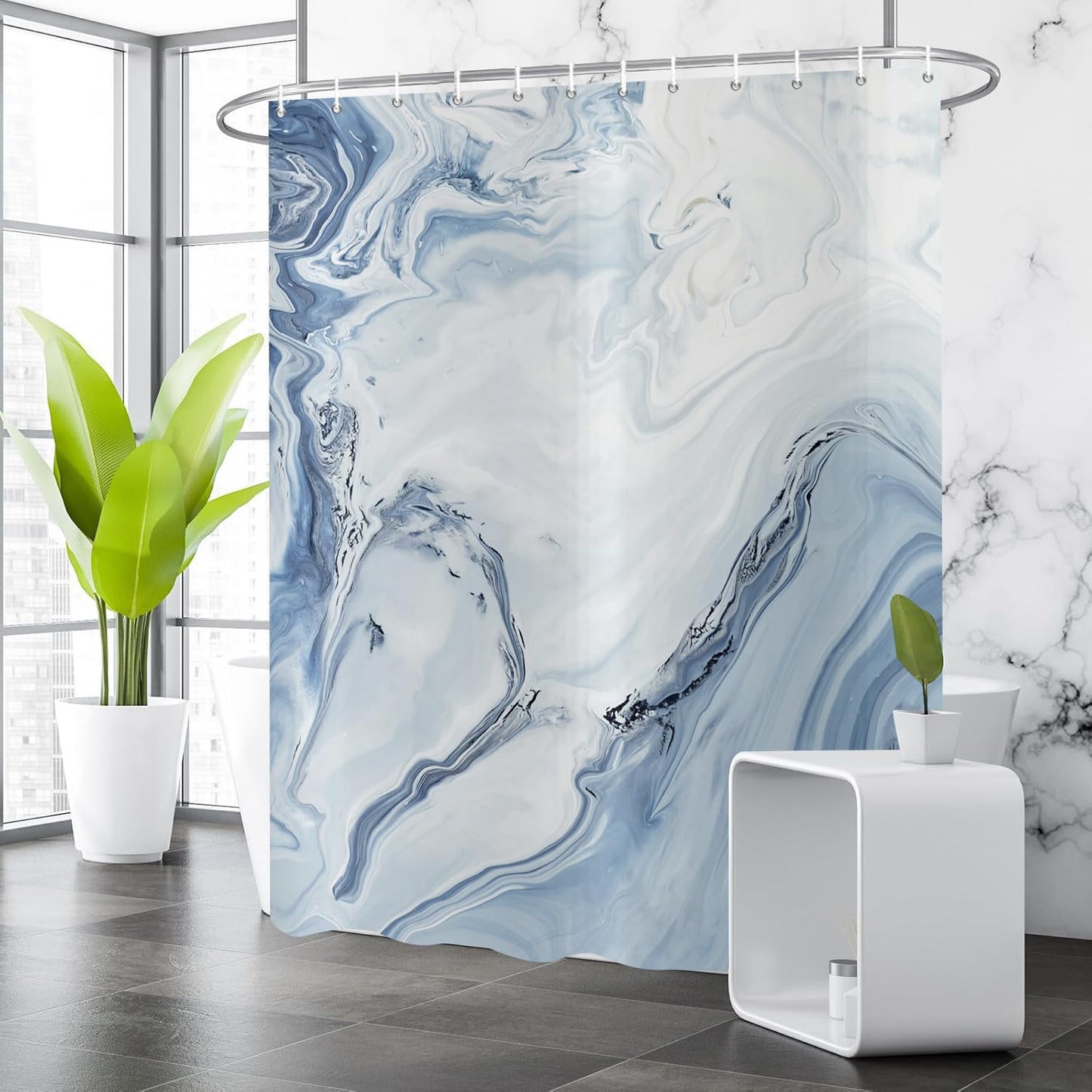 GCIREC Shower Curtain, 180x200cm, Blue White Texture Ink Marble Modern Art Waterproof Fabric Machine Washable Bathroom Curtain with Hooks