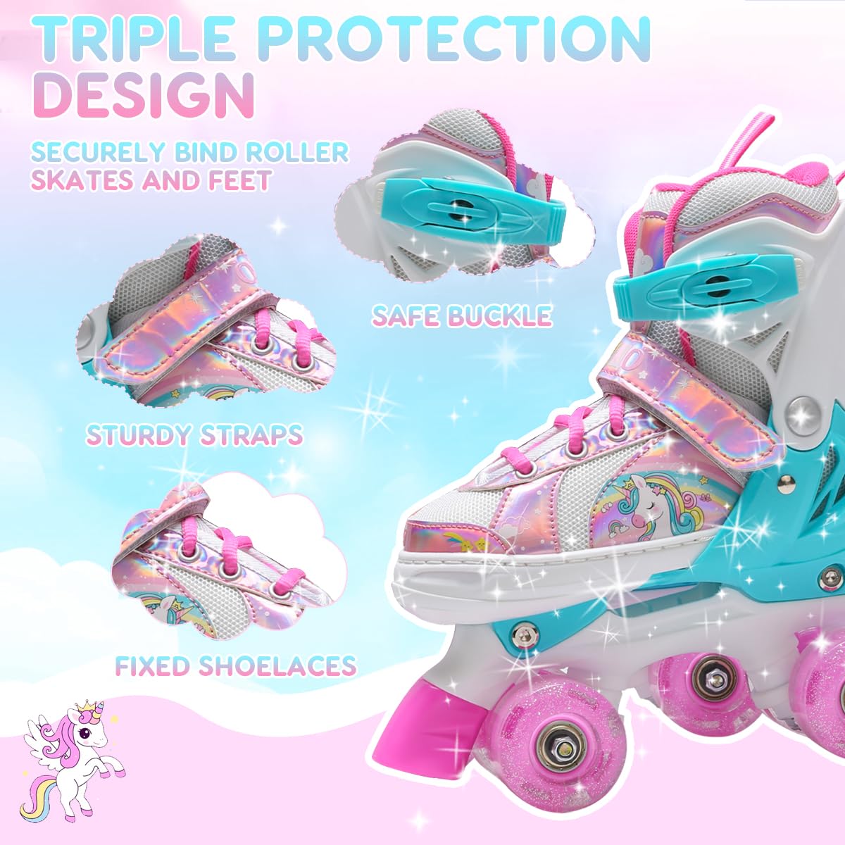 OLYSPM Kids Roller Skates,Roller Boots,4 Sizes Adjustable Quad Skates with 9 Flashing Wheels,Roller Skates for Girls,Boys and Beginner(Pink)