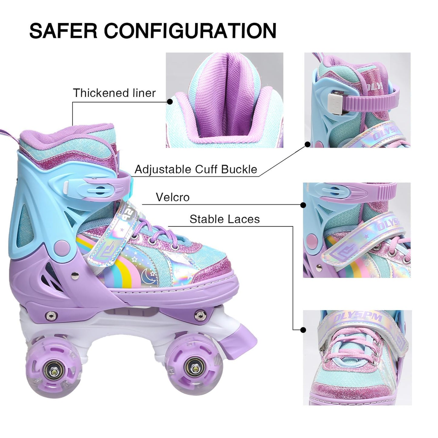 OLYSPM Roller skates kids Roller boots,8 Light up Wheels and 4 Sizes Adjustable,Quad skates with storage bag,Double-row Roller Skates for girls,boys