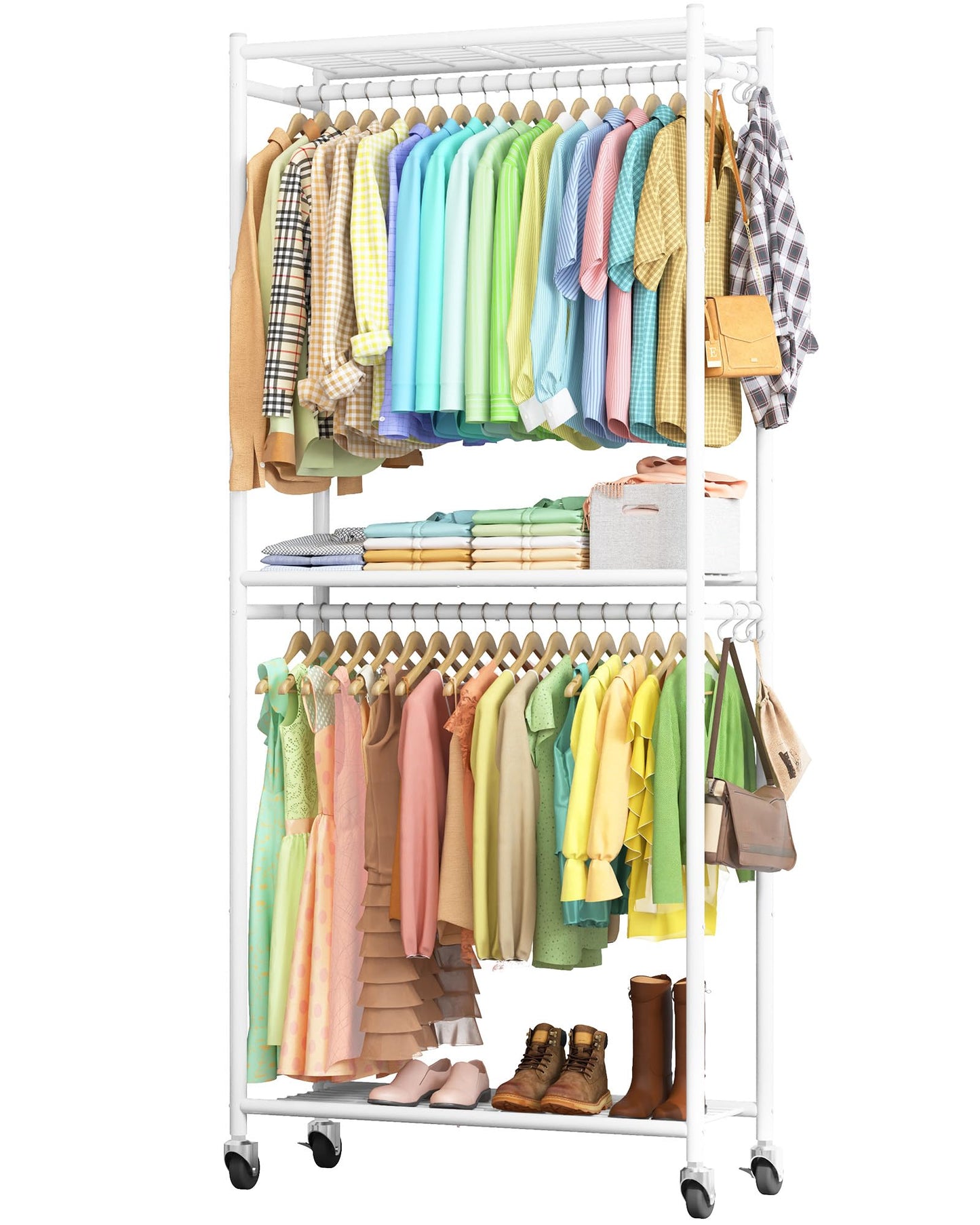 Sakugi Metal Clothing Rack Shelves Hooks & Wheels, 84x31x202cm, White