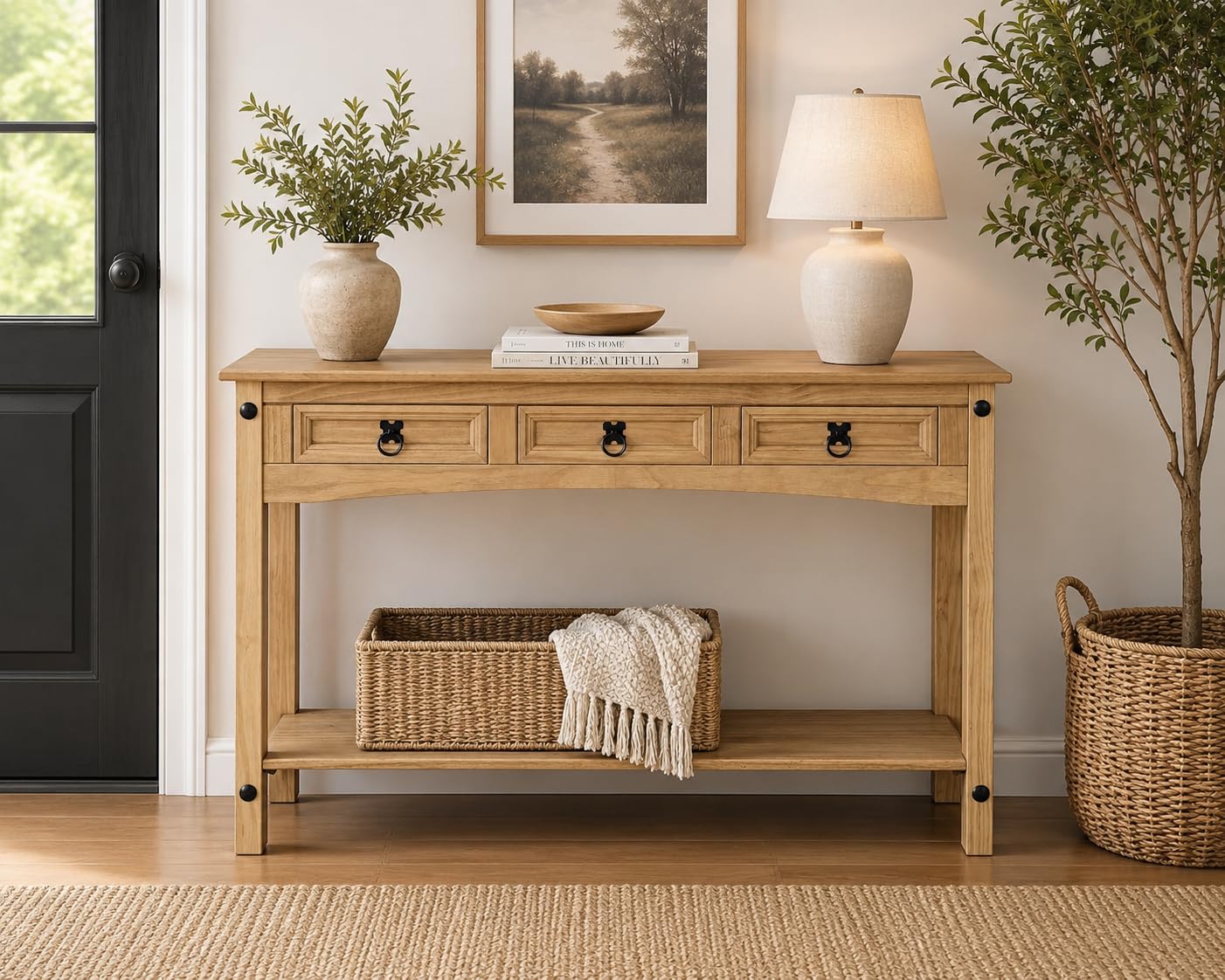 Corona Console Hall Table 3 Drawer Solid Pine Wood with Wax Finish Mexican Style Black Metal Hardware W 122 cm x D 32 cm x H 73 cm