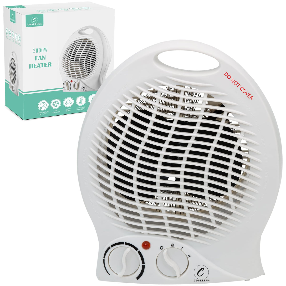 Coselena Electric Heater - 2KW Fan with 2 Heat Settings & Cooling Function - Portable with Adjustable Thermostat - Low Energy Silent Heating for Home,