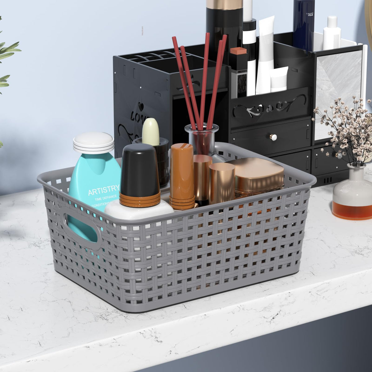 Ikando Plastic Storage Baskets, 6-Pack Small Bins with Handles