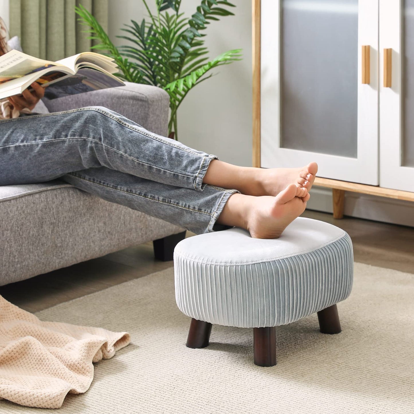 YMYNY Footstool, Wooden Pouf Ottoman, Small Curved Footstool with Handle, Sofa Stool with Soft Seat Cushion, for Bedroom, Living Room