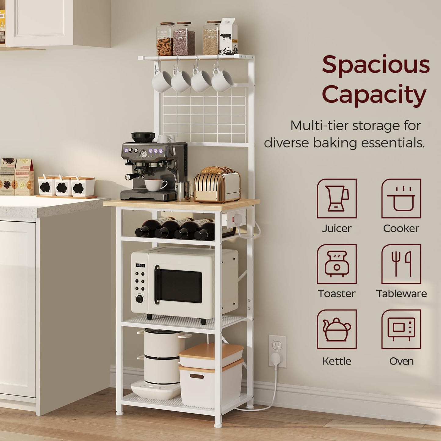 MAHANCRIS Bakers Rack, Microwave Stand with Power Outlet, Coffee Bar Station with Wine Rack and Hooks, Kitchen Storage Shelf