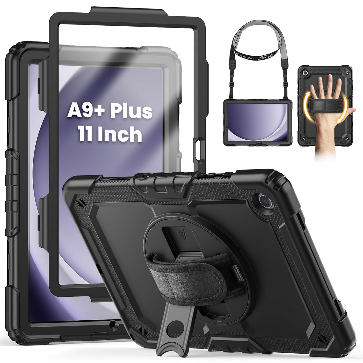 SEYMCY Case for Samsung Galaxy Tab A9+/ A9 Plus 11 Inch, Full Body Shockproof with Screen Protector, 360? Rotating Hand Strap & Stand, Shoulder Strap