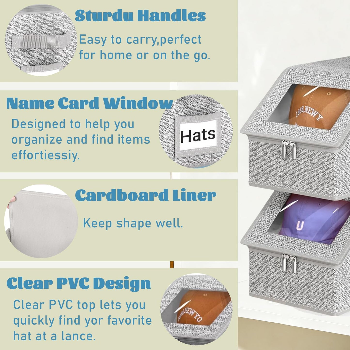 UWIOFF Baseball Cap Storage Stackable Cap Hat Storage with Carrying Handles & Lid Dust-Proof 1pcs Grey