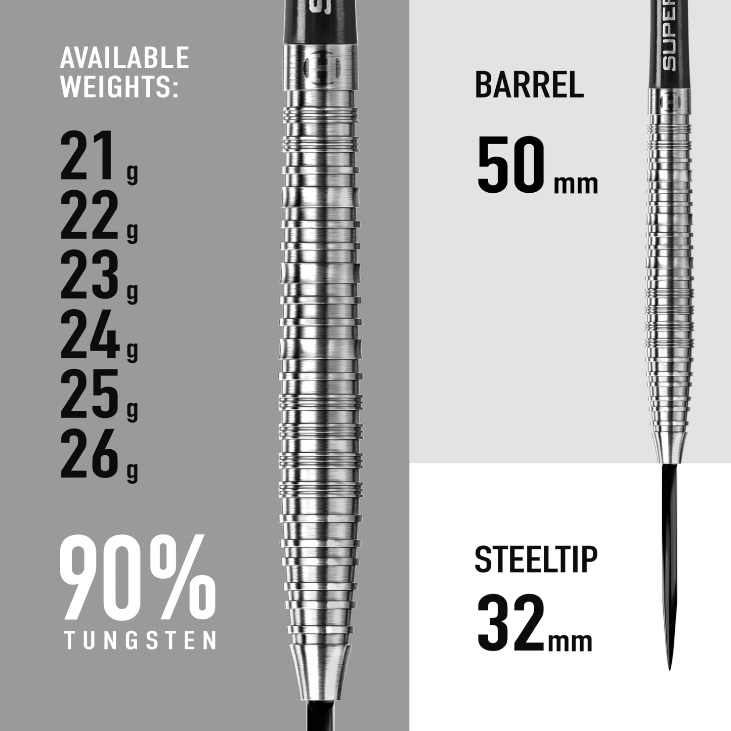 Harrows NX90 90% Tungsten Steel Tip Darts Set 21g, 22g, 23g, 24g, 25g & 26g - Includes Black Supergrip Midi Shafts & Micron NX90 Flights (21g)