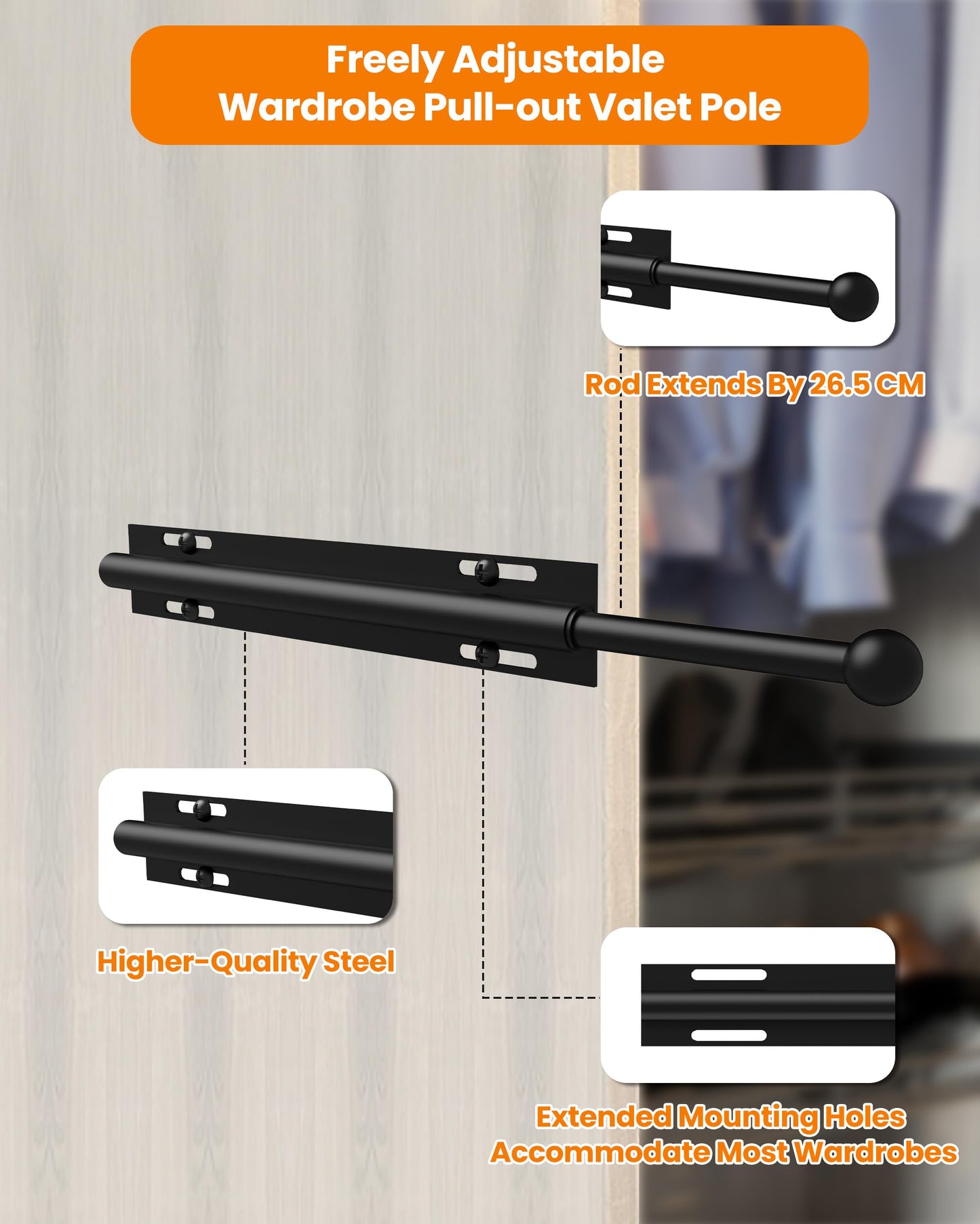Widyana Telescopic Wardrobe Rail | Extendable Valet Rod for Clothes (12”) | Adjustable Pull-Out Hanging Rail for Suits & Next-Day Outfits, Black