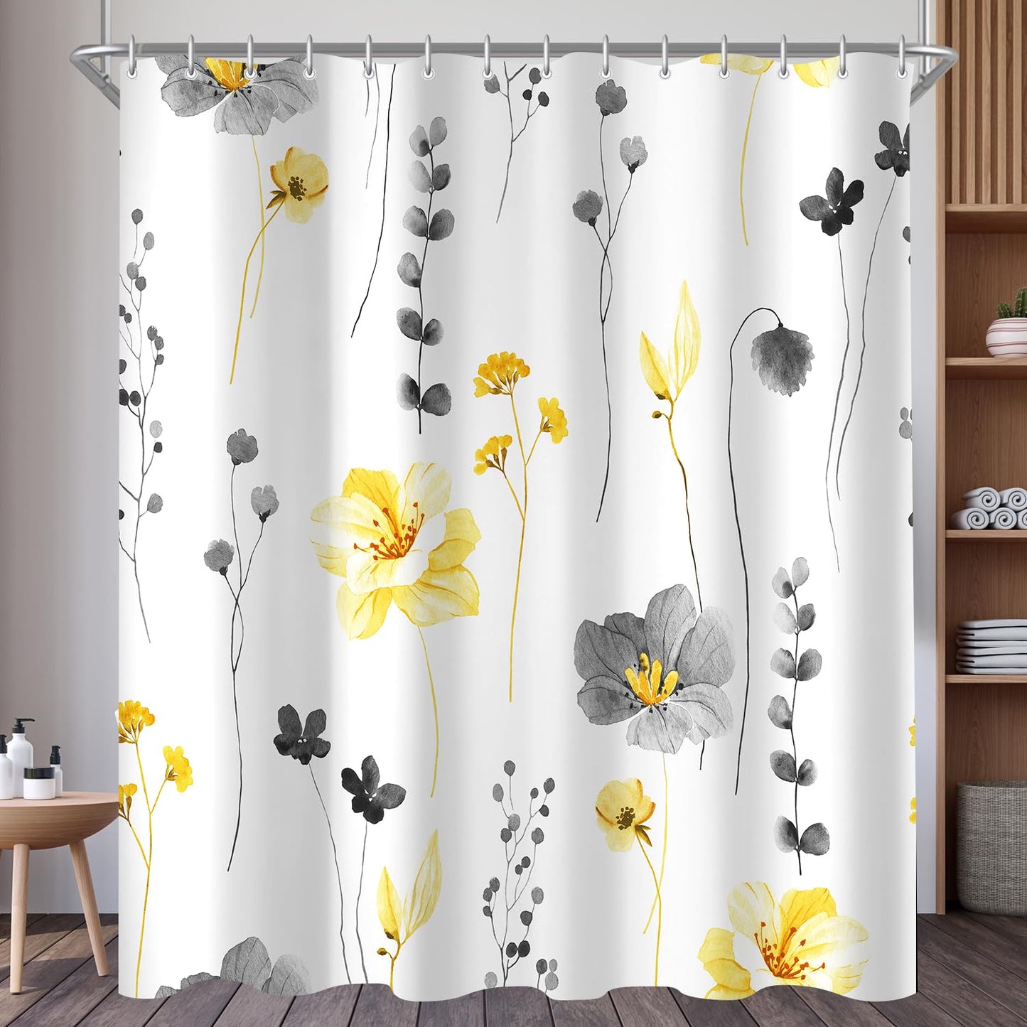 Lerores Shower Curtain, 240 x 200 cm, Yellow & Grey Flower, Weighted Hem, Anti-Mould, Water-Repellent, Washable Polyester Bath Curtains with 16