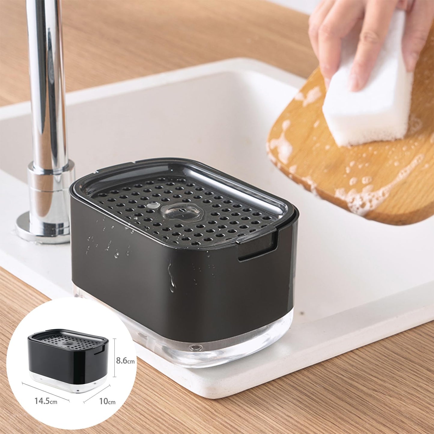 Dish Soap Dispenser, RUFCRIL 300ml Kitchen Soap Pump Dispenser with Sponge Included, Black