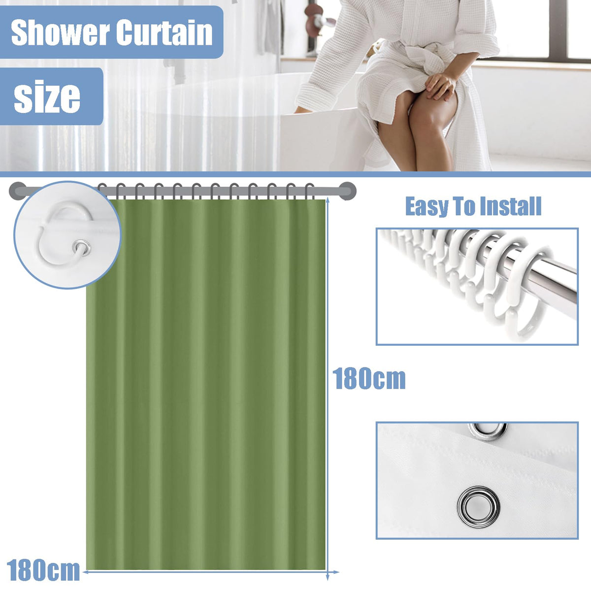 PEVA Shower Curtain 180x180cm,Heavy Duty Plastic Grey Spliced Weighted Shower Curtains Mould Proof Resistant Waterproof Bath Curtain with 3 Magnets