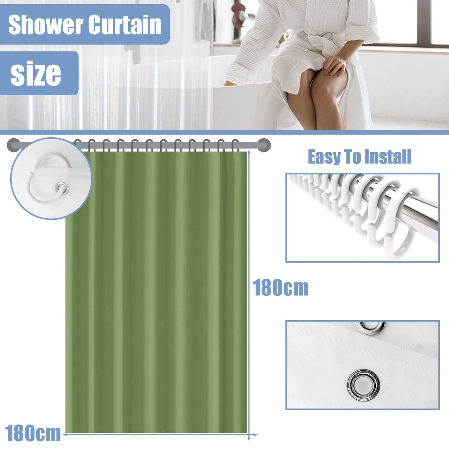 COSORO PEVA Shower Curtain 180x180cm,Heavy Duty Plastic Beige Weighted Shower Curtains Mould Proof Resistant Waterproof Bath Curtains with 12 Hooks