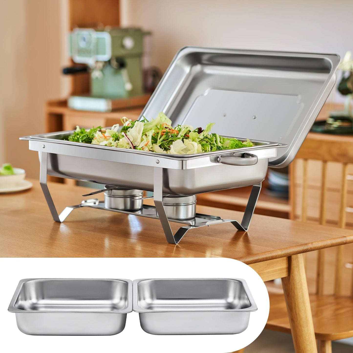 WILPREP Chafing Dish Buffet Set, 2 Pack 9L Chafers for Catering with 2 Full & 4 Half Size Pans Lids Foldable Frames Fuel Holders, Stainless Steel Food