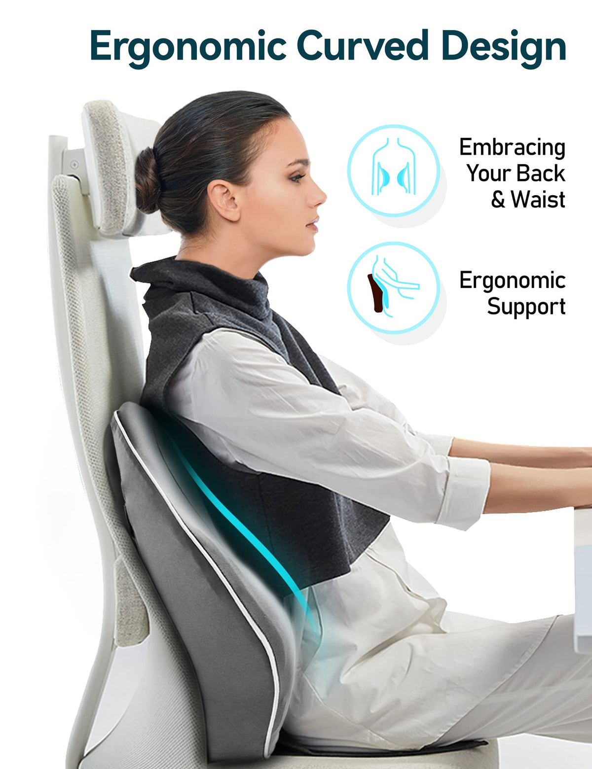 Travel Ease Ergonomic Lumbar Support Cushion, Memory Foam Back Support Cushion for Office Chairs with Skin-friendly Cover for Comfort (Grey)