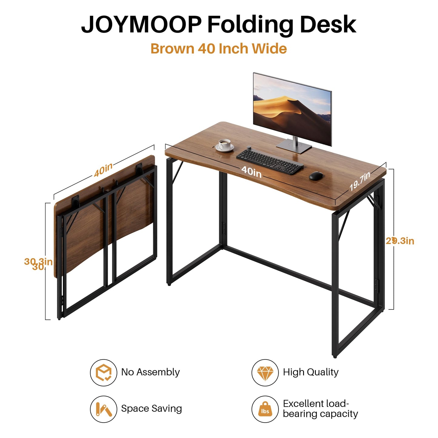 JOYMOOP 100 x 50 cm Folding Desk - Brown, No Assembly Middle Size Foldable Desk for Home, Office, Wooden Top Folding Computer Desk for Working