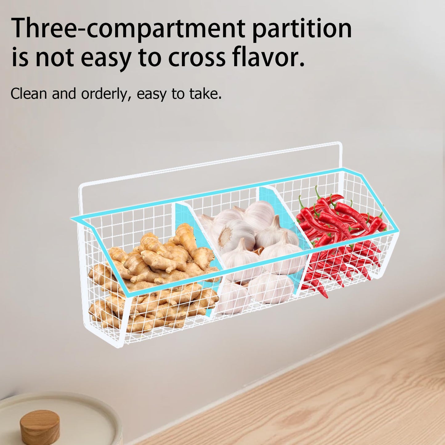Gzsekken Wall-Mounted Hanging Kitchen Storage Baskets,Metal Storage Baskets with 3 Sections Wire Shelf No Drilling Adhesive Storage Basket Organiser