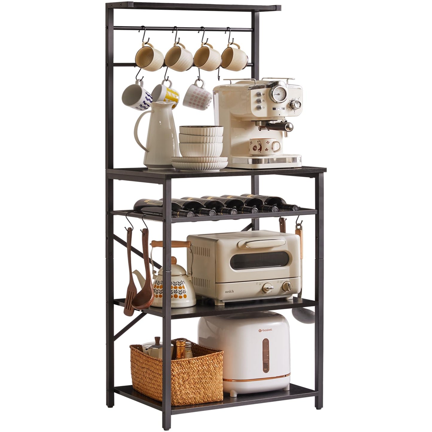 YMYNY Kitchen Baker's Rack, Microwave Oven Stand with Storage Shelves, Industrial Coffee Bar Station, with Adjustable Wine Holders and S-Hooks
