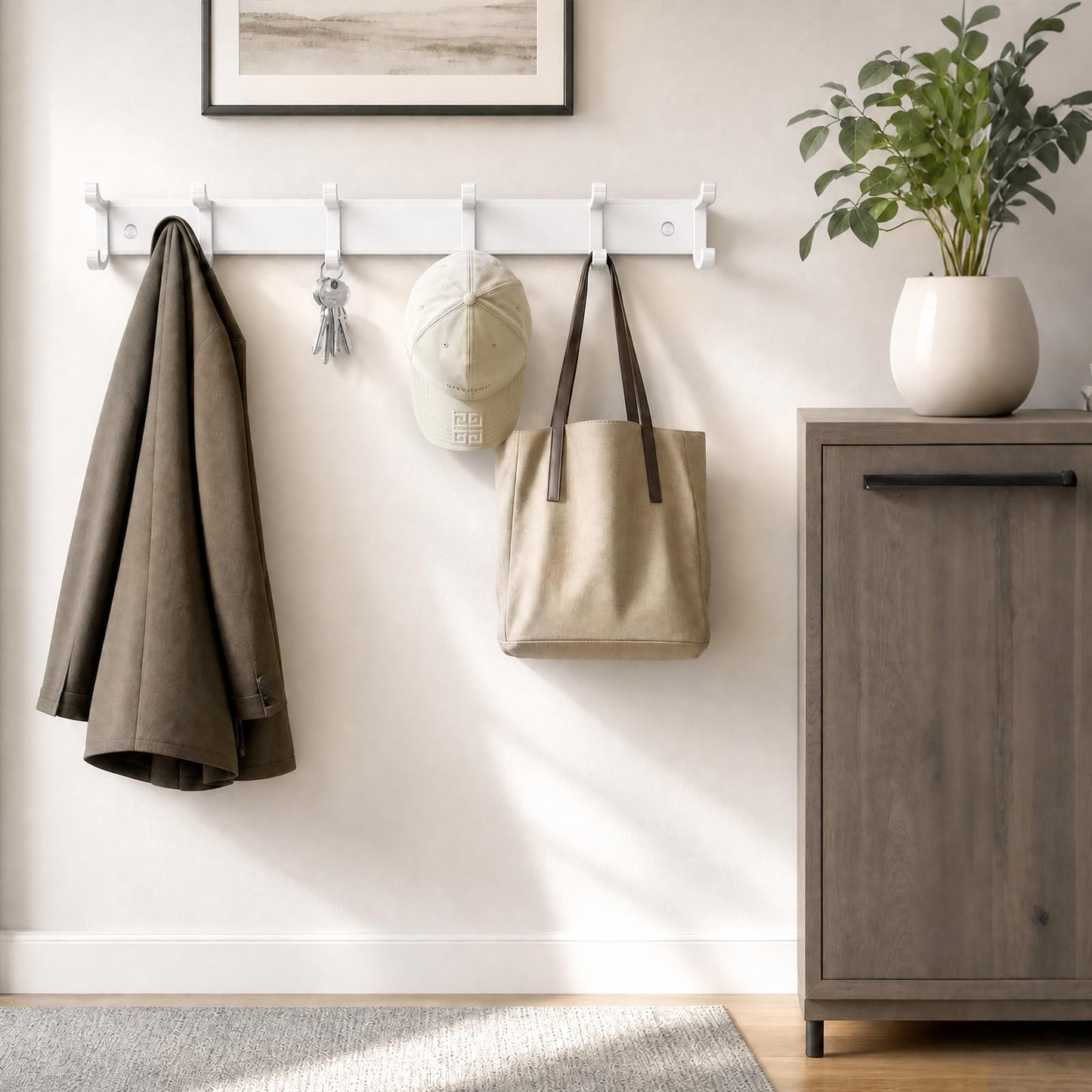 NONETO 2 Pack Coat Hooks Wall Mounted with 6 Movable Coat Rack (White)