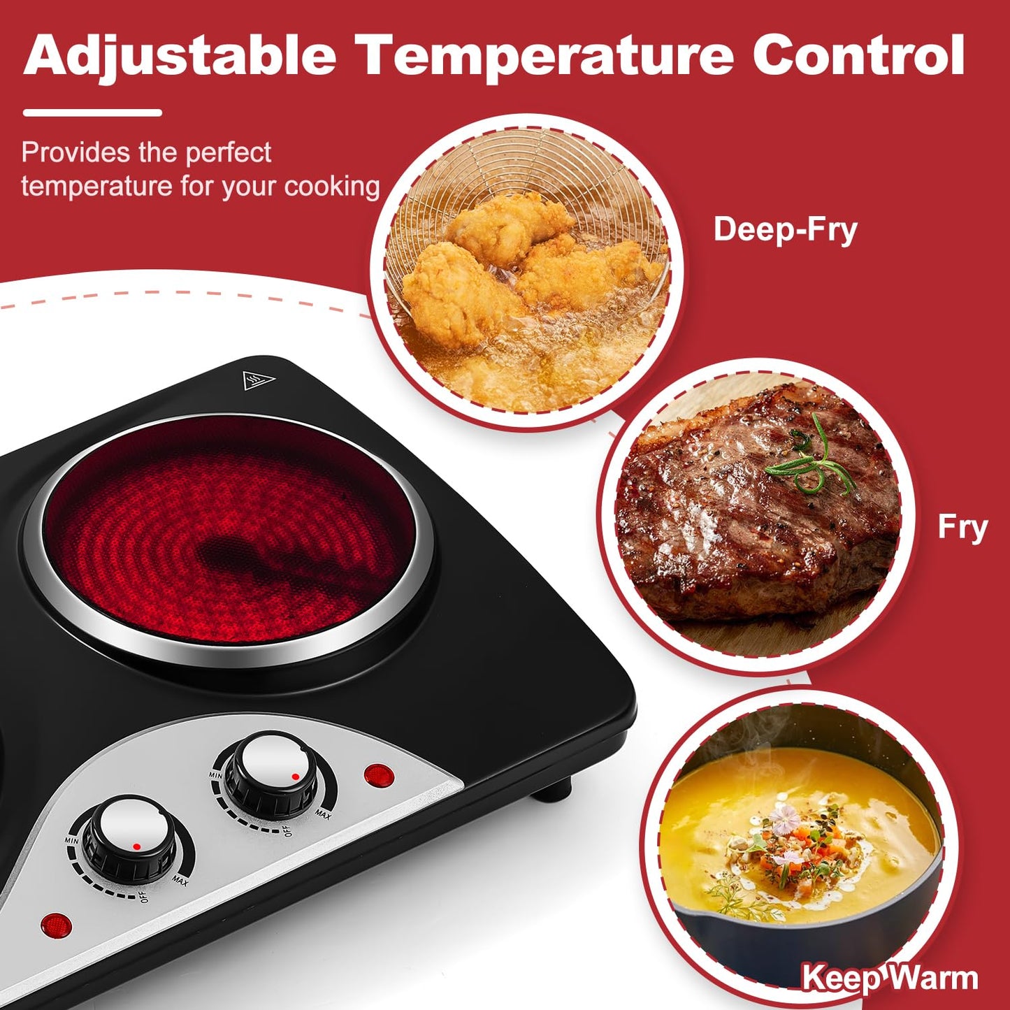 CUSIMAX Electric Hobs, 2100W Electric Hot Plates for Cooking Infrared Double Hot Plate, Portable Electric Hob with Temperature Control & Crystallite