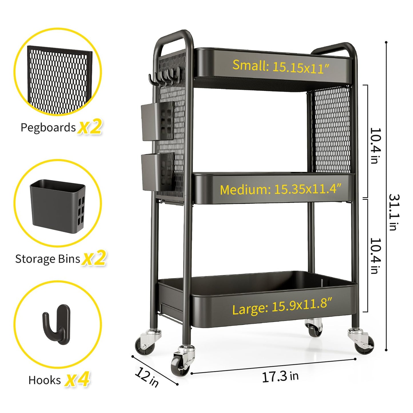Urackify 3 Tier Storage Trolley on Wheels, Black