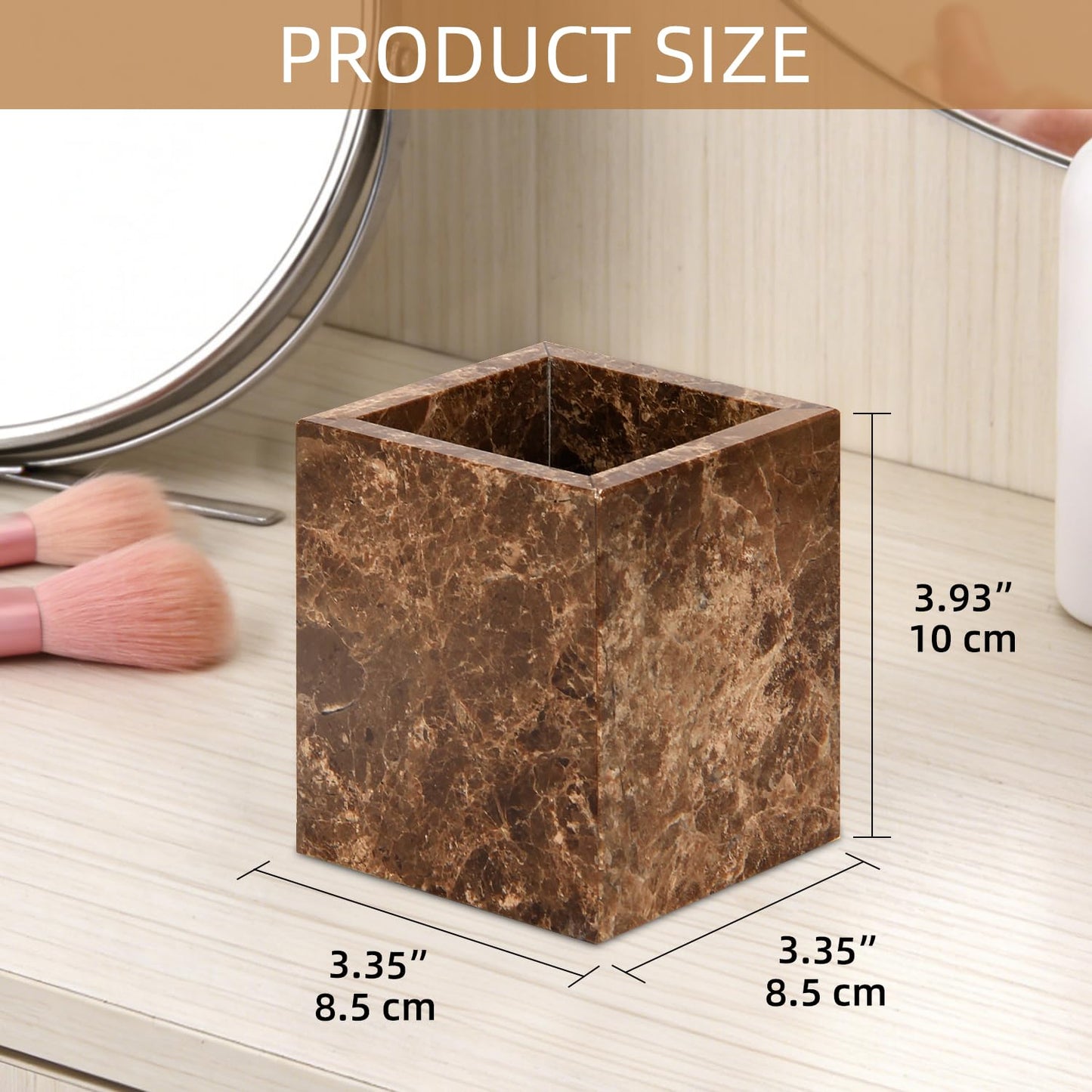 TABHOUKIT Natural Marble Toothbrush Holder, Dark Brown, 8.5 x 8.5 x 10 cm