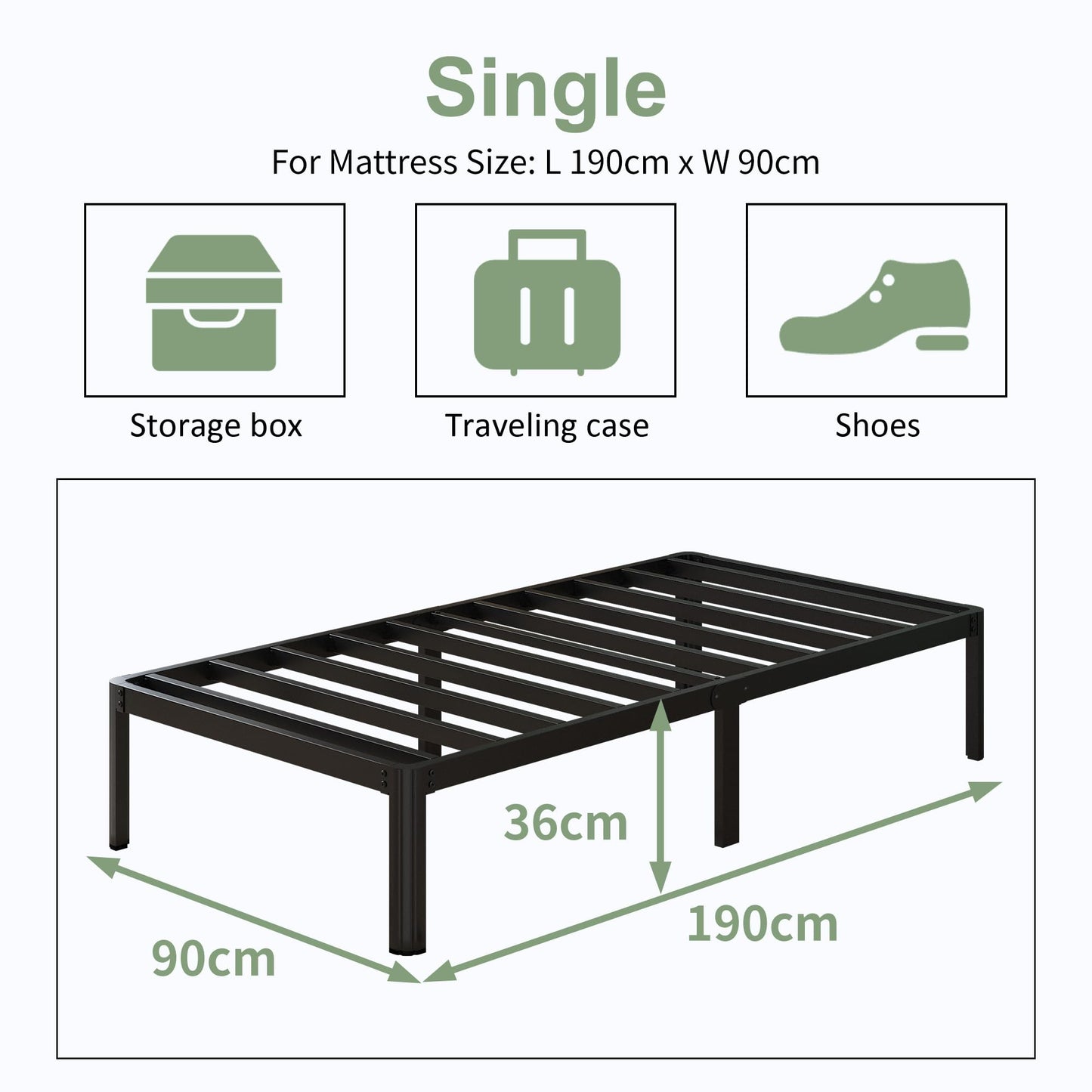 Lutown-Teen 3ft Single Bed Frames with Rounded Corner Legs, Heavy Duty Metal Bed Frame Single with Steel Slats Support, Single Bed 36 cm High, Noise