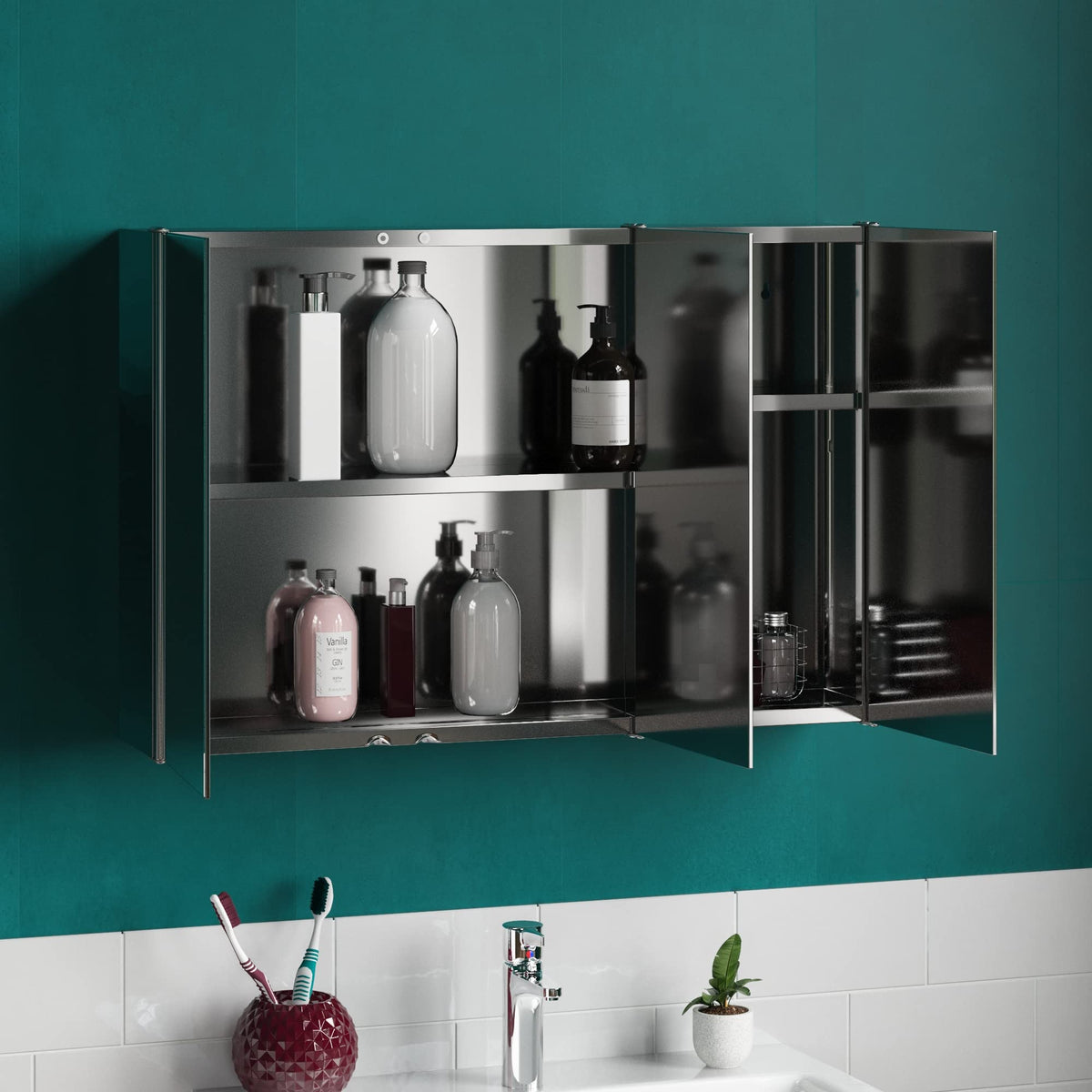 Bath Vida Tiano Bathroom Cabinet Triple Mirror Wall Mounted Stainless Steel Modern Storage Cupboard Unit
