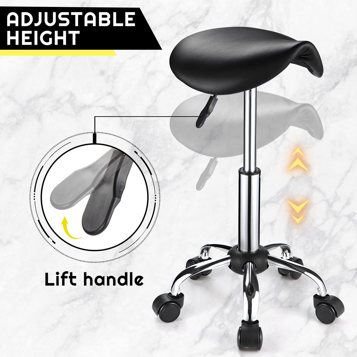 FNZIR Saddle Rolling Stool with Wheels PU Leather Height Adjustable Swivel Stools Chair Black