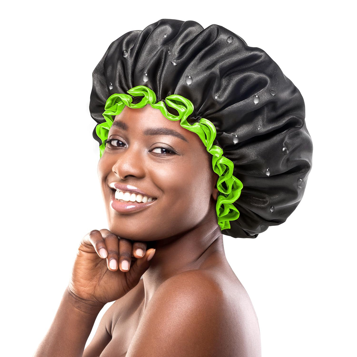 mikimini Large Black Shower Cap for Women and Men, Reusable Waterproof XL Shower Hats for Thick Long Hair, Black Bath Caps with Green Edge 2 Packs
