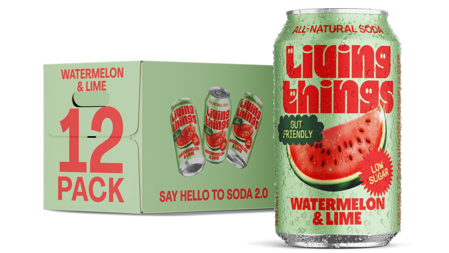 Living Things Prebiotic Soda - Gut Health & Low Calorie Drink - 12 x 330ml Cans - High in Fibre - Watermelon & Lime