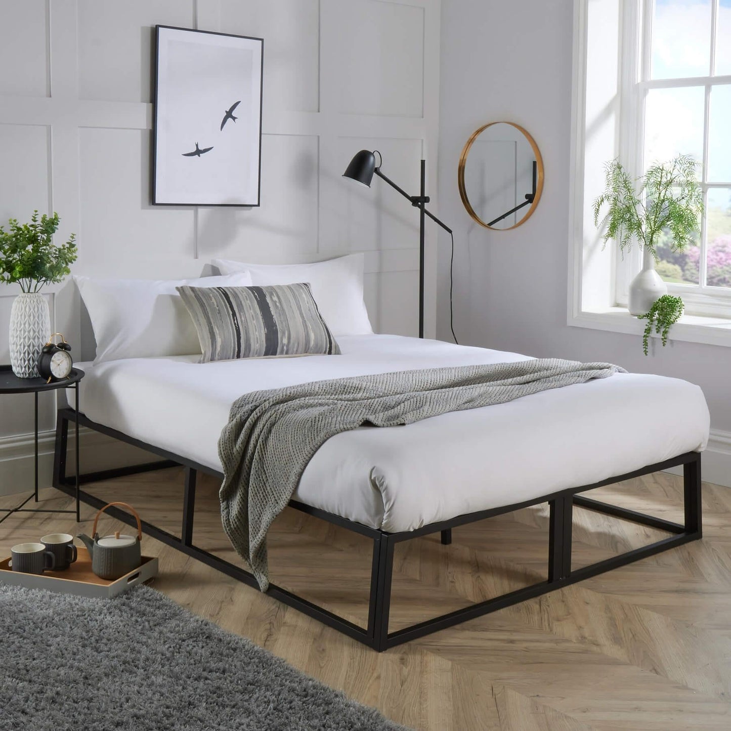 Home Source Heavy Duty Black Metal Frame 4ft Platform Bed Slatted Support, Small Double