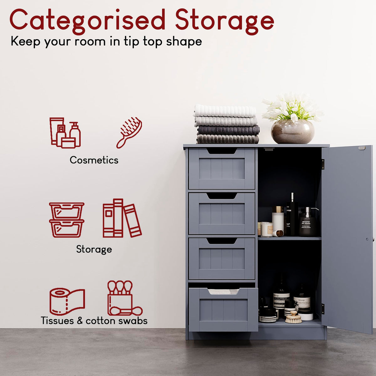 Bath Vida Priano Freestanding 4 Drawer 1 Door Bathroom Floor Cabinet, Grey