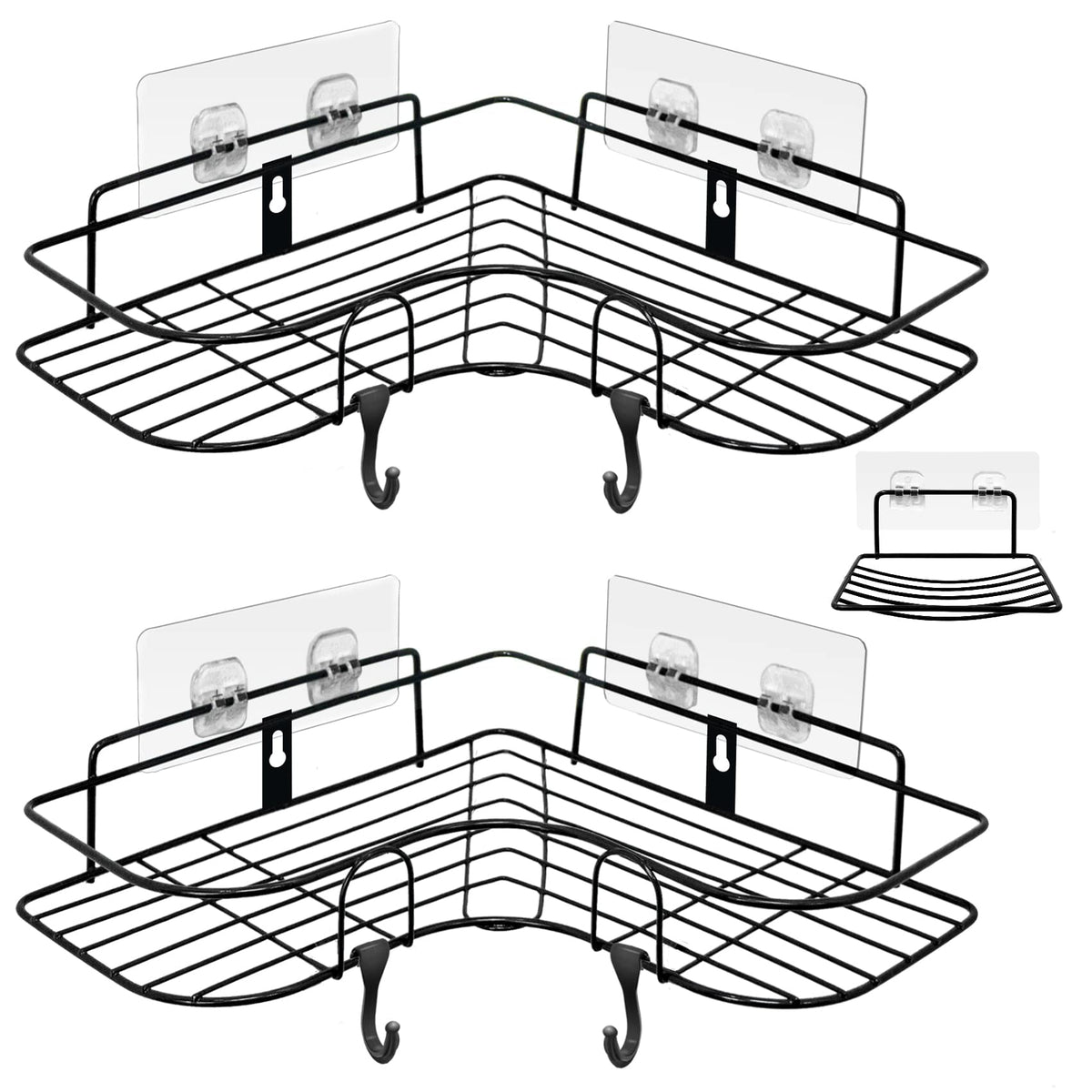 ADORAMOUR Corner Shower Caddy Set -2 Pack Bathroom Organiser with Soap Dish, Adhesive Storage Rack for Toiletries, Shower Shelf Drill-Free or Drilling