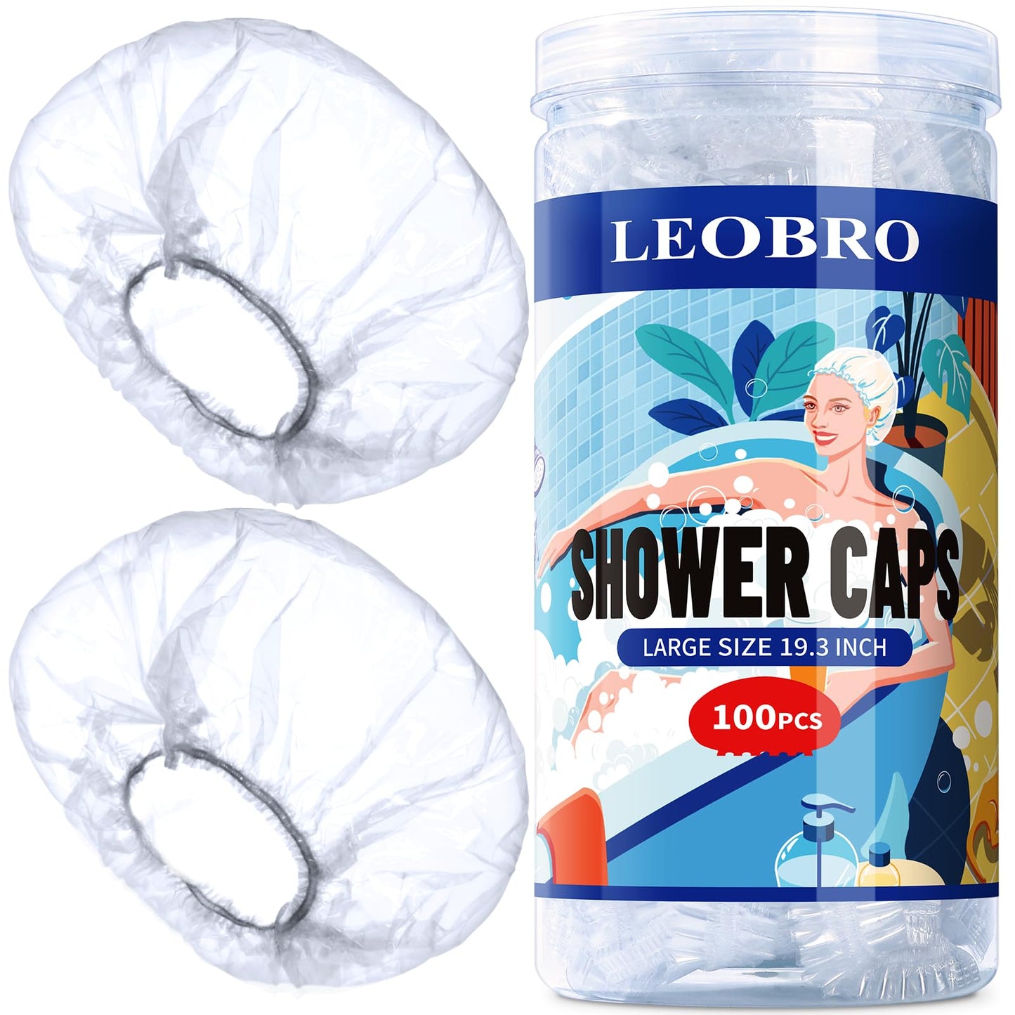 LEOBRO Large Disposable Shower Caps, 100PCS Large Shower Caps for Women Disposable, Plastic Hair Caps for Shower, Thick Waterproof Plastic Shower