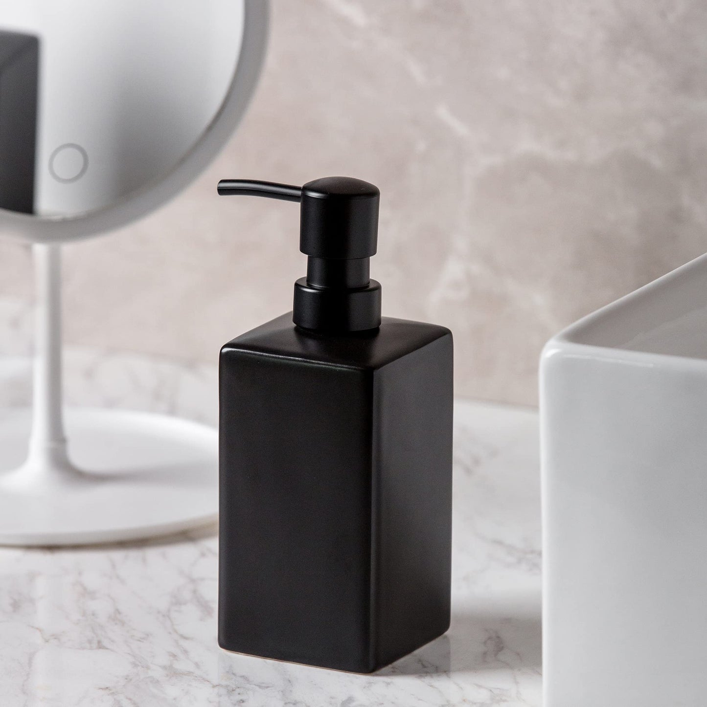Matte Black Soap Dispenser Ceramic,Square Hand Soap and Lotion Dispenser for Bathroom Countertop,Dish Soap Dispenser for Kitchen-14oz.…
