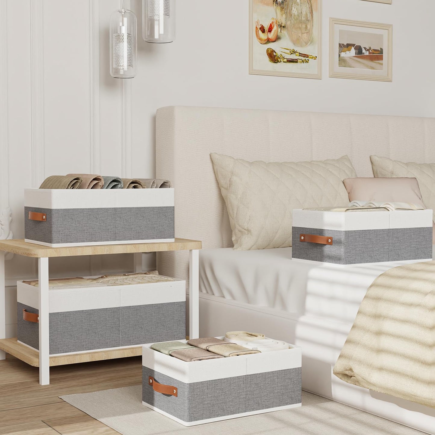 YheenLf Collapsible Storage Boxes,White/Grey Baskets,33×23×14cm,6Pack