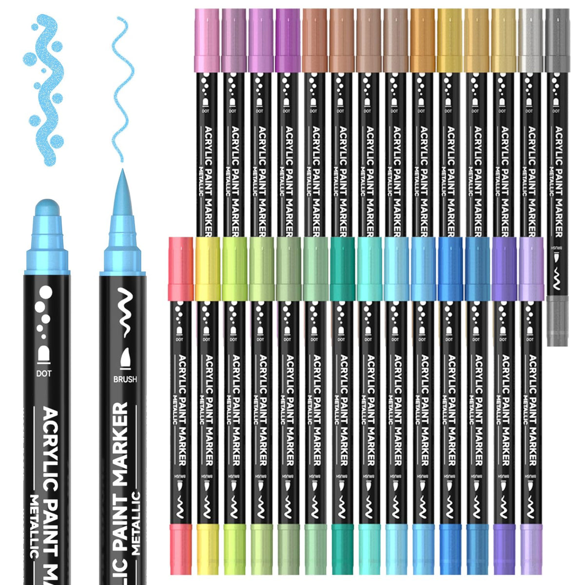 Shuttle Art Dual Tip Metallic Acrylic Paint Pens, 28 Colours Dot & Brush Paint Marker Pens, Paint Pens for Rock Painting, Ceramic, Wood, Fabric, Art